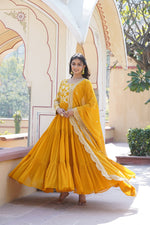 Thumbnail for Jyoti Fashion Women's Yellow Faux Blooming Jacquard with Sequins Embroidered Anarkali Dress with Dupatta - Distacart