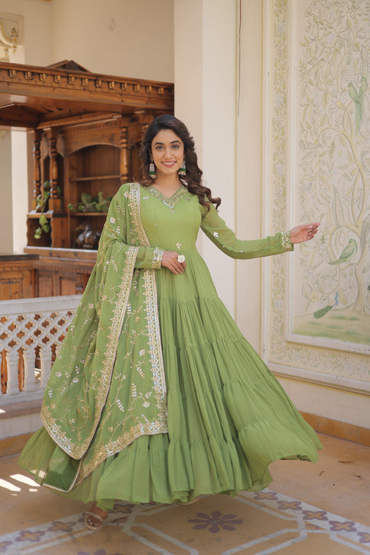 Jyoti Fashion Women's Green Faux Georgette Embroidered Partywear Anarkali Dress with Dupatta - Distacart