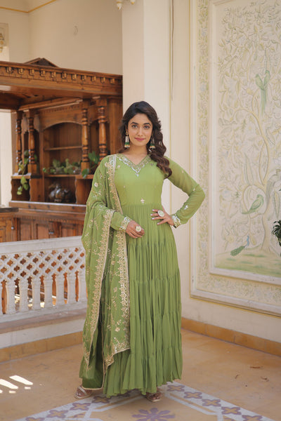 Jyoti Fashion Women's Green Faux Georgette Embroidered Partywear Anarkali Dress with Dupatta - Distacart