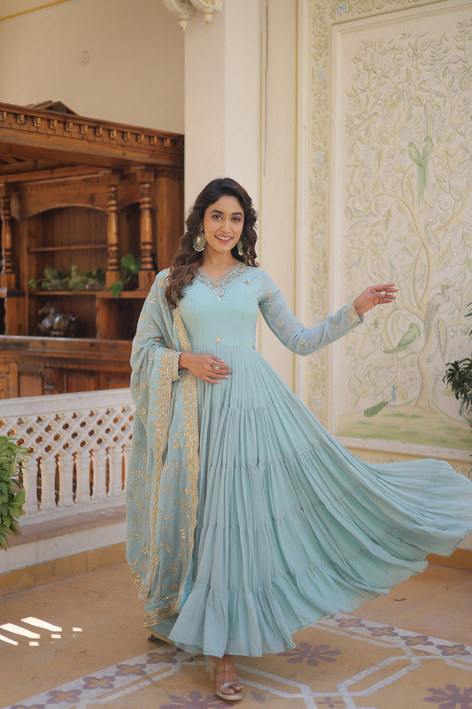 Jyoti Fashion Women's Sky Blue Faux Georgette Embroidered Partywear Anarkali Dress with Dupatta - M Jyoti Fashion Women's Sky Blue Faux Georgette Embroidered Partywear Anarkali Dress with Dupatta - M