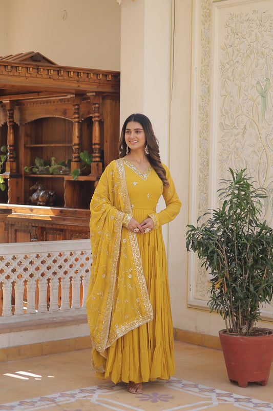 Jyoti Fashion Women's Yellow Faux Georgette Embroidered Partywear Anarkali Dress with Dupatta - Distacart