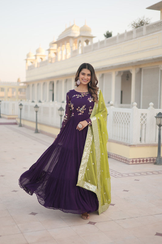 Jyoti Fashion Women's Wine Faux Georgette Sequins Embroidered Partywear Anarkali Dress with Dupatta - Distacart