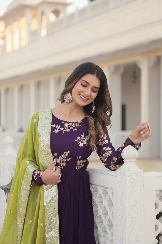 Jyoti Fashion Women's Wine Faux Georgette Sequins Embroidered Partywear Anarkali Dress with Dupatta - Distacart