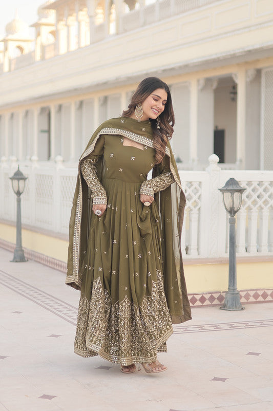 Jyoti Fashion Women's Mehendi Faux Georgette Sequins Embroidered Partywear Anarkali Dress with Dupatta - Distacart