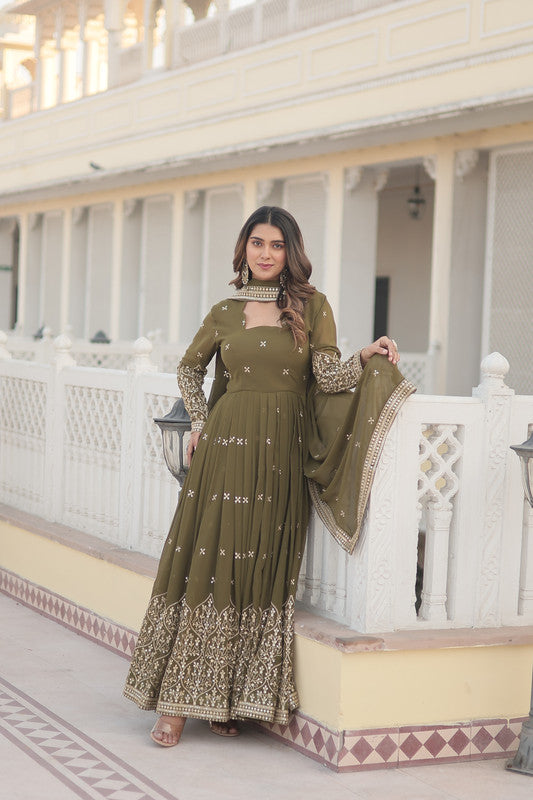 Jyoti Fashion Women's Mehendi Faux Georgette Sequins Embroidered Partywear Anarkali Dress with Dupatta - Distacart