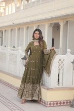 Thumbnail for Jyoti Fashion Women's Mehendi Faux Georgette Sequins Embroidered Partywear Anarkali Dress with Dupatta - Distacart