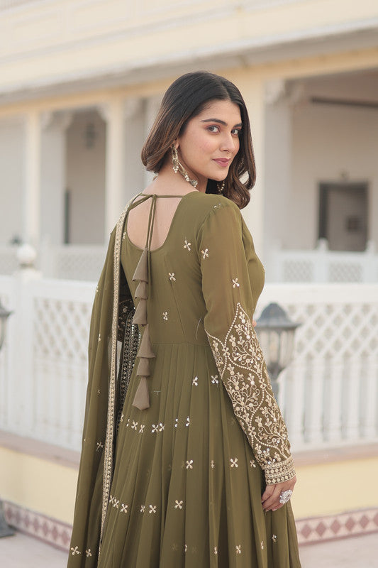Jyoti Fashion Women's Mehendi Faux Georgette Sequins Embroidered Partywear Anarkali Dress with Dupatta - Distacart