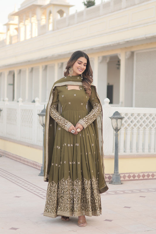 Jyoti Fashion Women's Mehendi Faux Georgette Sequins Embroidered Partywear Anarkali Dress with Dupatta - Distacart