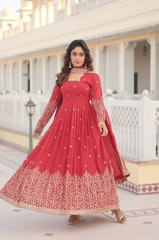 Jyoti Fashion Women's Gajri Faux Georgette Sequins Embroidered Partywear Anarkali Dress with Dupatta - Distacart
