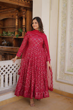 Thumbnail for Jyoti Fashion Women's Rani Pink Faux Blooming Sequins Embroidered Partywear Anarkali Dress with Dupatta - Distacart