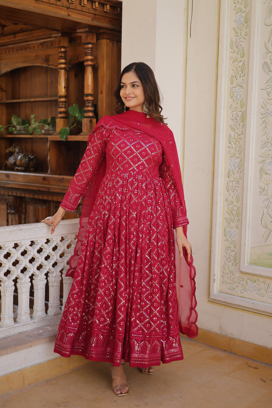 Jyoti Fashion Women's Rani Pink Faux Blooming Sequins Embroidered Partywear Anarkali Dress with Dupatta - Distacart