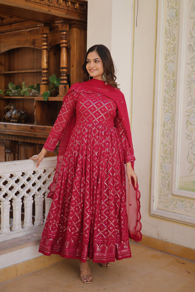 Jyoti Fashion Women's Rani Pink Faux Blooming Sequins Embroidered Partywear Anarkali Dress with Dupatta - Distacart