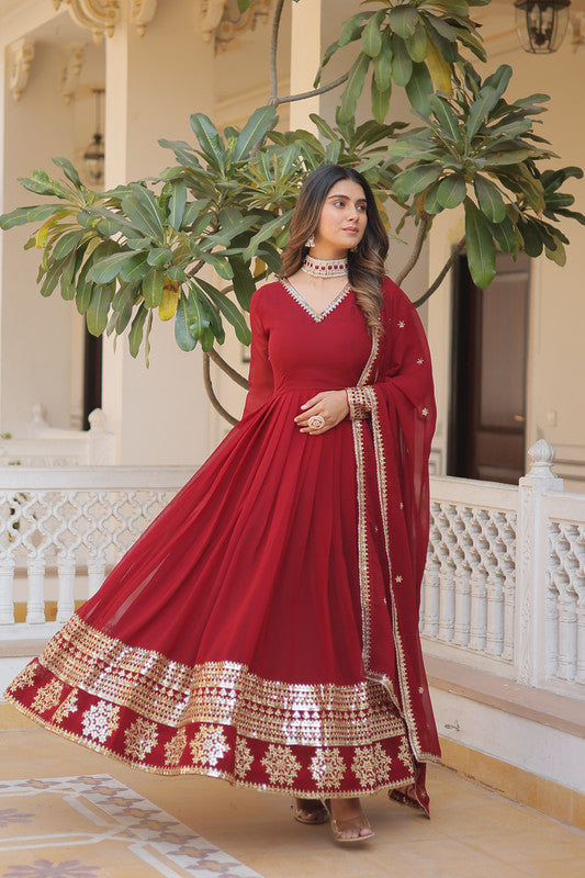 Jyoti Fashion Women's Maroon Faux Blooming Sequins Embroidered Partywear Anarkali Dress with Dupatta - Distacart
