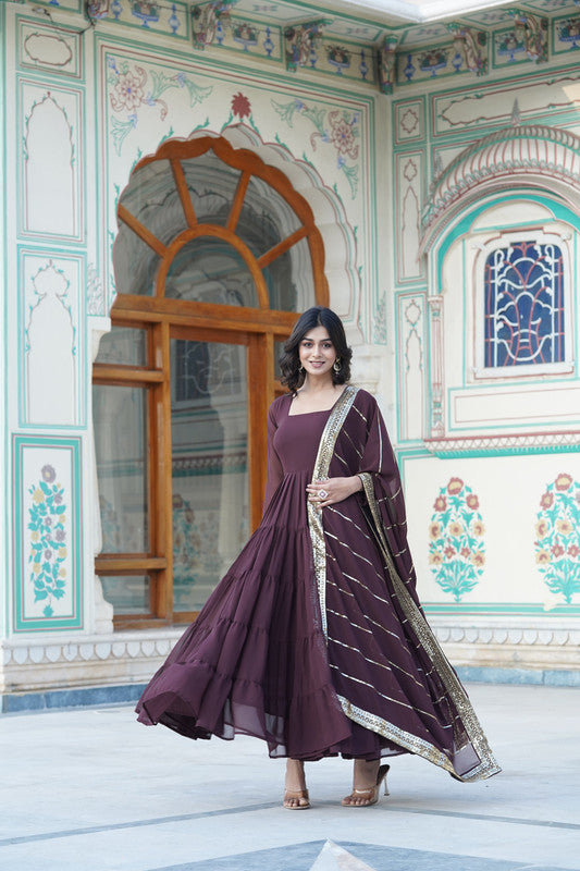 Jyoti Fashion Women's Coffee Faux Georgette Frill Work Partywear Anarkali Dress with Dupatta - Distacart