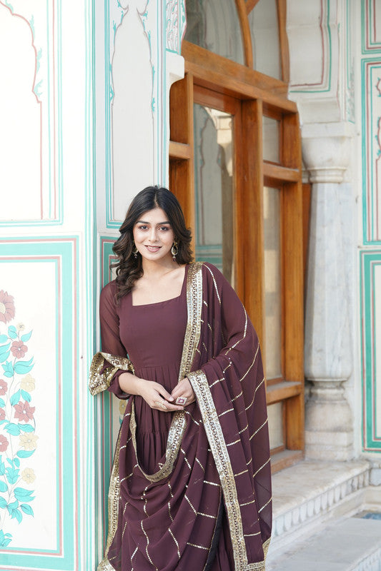 Jyoti Fashion Women's Coffee Faux Georgette Frill Work Partywear Anarkali Dress with Dupatta - Distacart