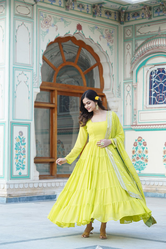 Jyoti Fashion Women's Parrot Green Faux Georgette Frill Work Partywear Anarkali Dress with Dupatta - Distacart