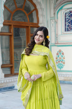 Thumbnail for Jyoti Fashion Women's Parrot Green Faux Georgette Frill Work Partywear Anarkali Dress with Dupatta - Distacart