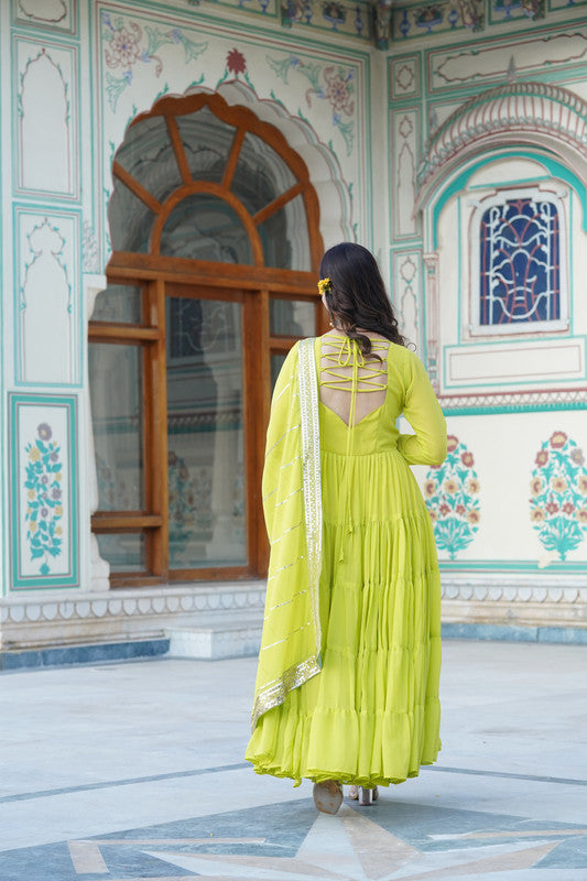 Jyoti Fashion Women's Parrot Green Faux Georgette Frill Work Partywear Anarkali Dress with Dupatta - Distacart