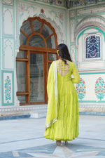 Thumbnail for Jyoti Fashion Women's Parrot Green Faux Georgette Frill Work Partywear Anarkali Dress with Dupatta - Distacart