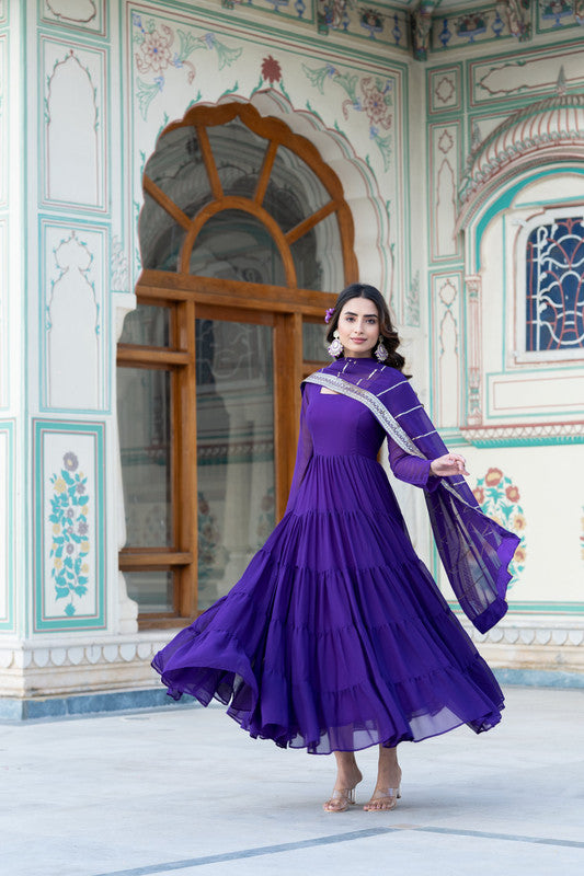 Jyoti Fashion Women's Purple Faux Georgette Frill Work Partywear Anarkali Dress with Dupatta - Distacart
