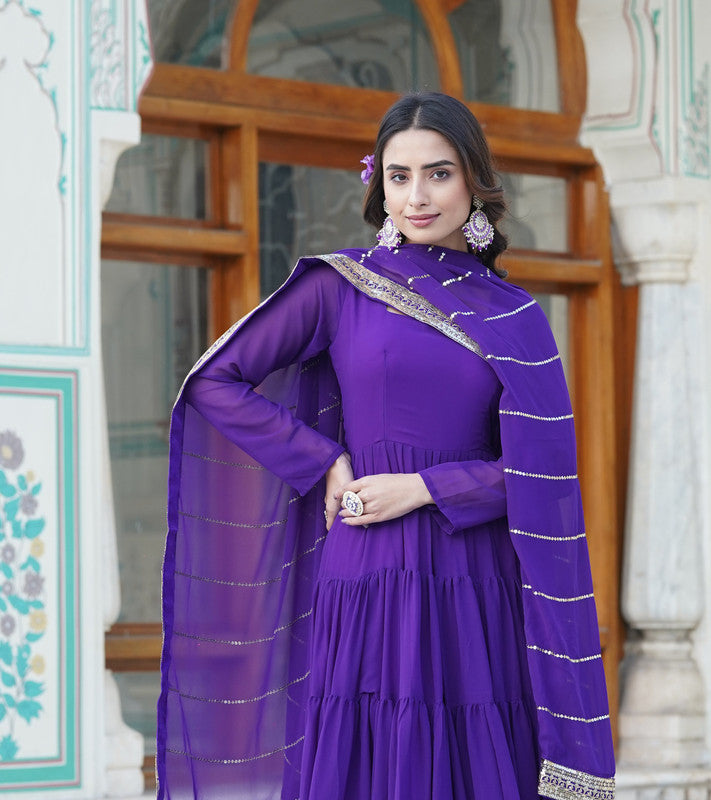 Jyoti Fashion Women's Purple Faux Georgette Frill Work Partywear Anarkali Dress with Dupatta - Distacart