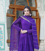 Thumbnail for Jyoti Fashion Women's Purple Faux Georgette Frill Work Partywear Anarkali Dress with Dupatta - Distacart