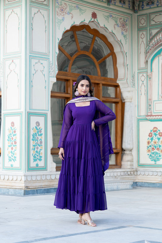 Jyoti Fashion Women's Purple Faux Georgette Frill Work Partywear Anarkali Dress with Dupatta - Distacart