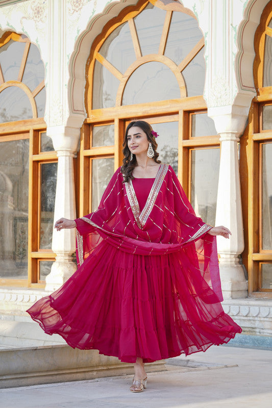 Jyoti Fashion Women's Rani Pink Faux Georgette Frill Work Partywear Anarkali Dress with Dupatta - Distacart