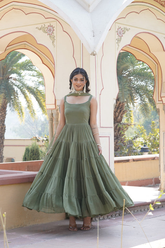 Jyoti Fashion Women's Green Faux Georgette Frill Work Partywear Anarkali Dress with Dupatta - Distacart