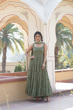 Thumbnail for Jyoti Fashion Women's Green Faux Georgette Frill Work Partywear Anarkali Dress with Dupatta - Distacart