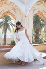 Thumbnail for Jyoti Fashion Women's White Faux Georgette Frill Work Partywear Anarkali Dress with Dupatta - Distacart