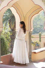 Thumbnail for Jyoti Fashion Women's White Faux Georgette Frill Work Partywear Anarkali Dress with Dupatta - Distacart