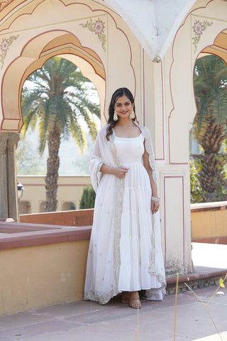 Jyoti Fashion Women's White Faux Georgette Frill Work Partywear Anarkali Dress with Dupatta - Distacart