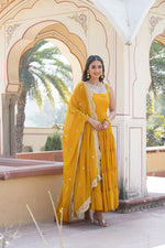 Thumbnail for Jyoti Fashion Women's Yellow Faux Georgette Frill Work Partywear Anarkali Dress with Dupatta - Distacart