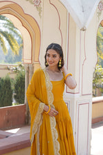 Thumbnail for Jyoti Fashion Women's Yellow Faux Georgette Frill Work Partywear Anarkali Dress with Dupatta - Distacart