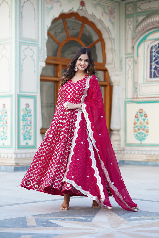 Jyoti Fashion Women's Rani Pink Faux Blooming Sequins Embroidered Partywear Anarkali Dress with Dupatta - Distacart