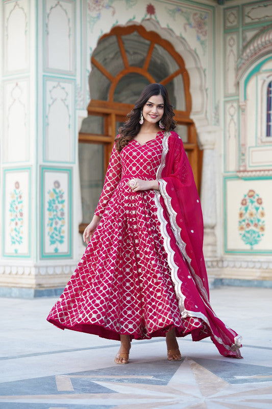 Jyoti Fashion Women's Rani Pink Faux Blooming Sequins Embroidered Partywear Anarkali Dress with Dupatta - Distacart