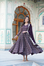 Thumbnail for Jyoti Fashion Women's Wine Faux Blooming Sequins Embroidered Partywear Anarkali Dress with Dupatta - Distacart