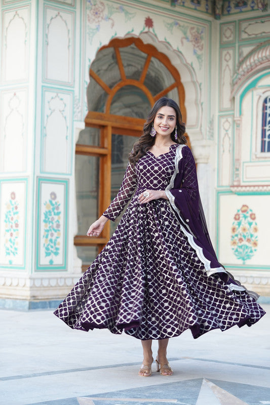 Jyoti Fashion Women's Wine Faux Blooming Sequins Embroidered Partywear Anarkali Dress with Dupatta - Distacart