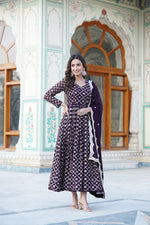 Thumbnail for Jyoti Fashion Women's Wine Faux Blooming Sequins Embroidered Partywear Anarkali Dress with Dupatta - Distacart