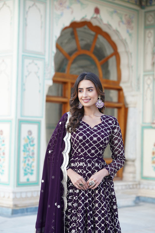 Jyoti Fashion Women's Wine Faux Blooming Sequins Embroidered Partywear Anarkali Dress with Dupatta - Distacart