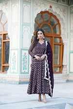 Thumbnail for Jyoti Fashion Women's Wine Faux Blooming Sequins Embroidered Partywear Anarkali Dress with Dupatta - Distacart