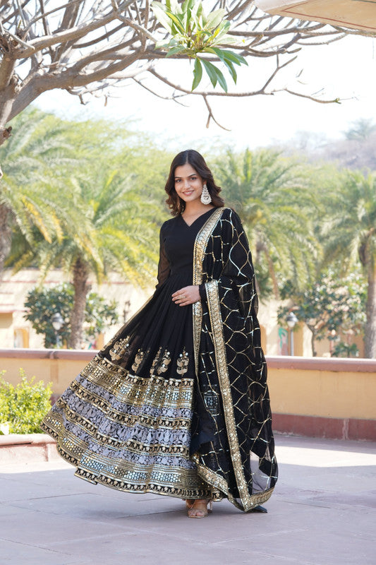Jyoti Fashion Women's Black Faux Blooming Sequins Embroidered Partywear Anarkali Dress with Dupatta - Distacart