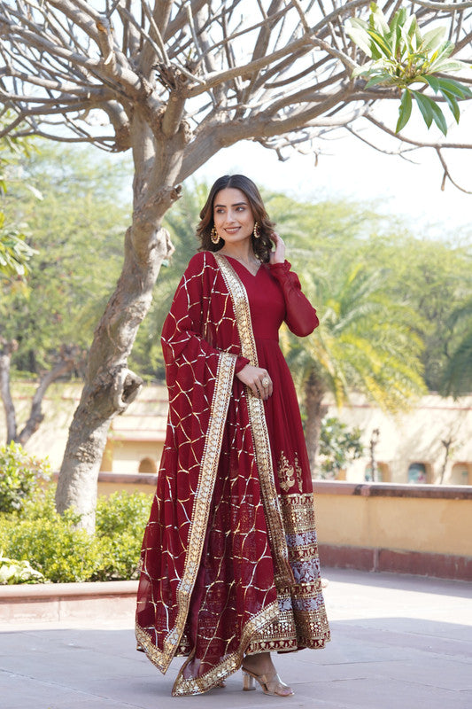 Jyoti Fashion Women's Maroon Faux Blooming Sequins Embroidered Partywear Anarkali Dress with Dupatta - Distacart