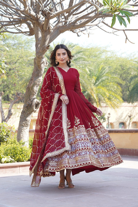 Jyoti Fashion Women's Maroon Faux Blooming Sequins Embroidered Partywear Anarkali Dress with Dupatta - Distacart