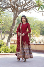 Thumbnail for Jyoti Fashion Women's Maroon Faux Blooming Sequins Embroidered Partywear Anarkali Dress with Dupatta - Distacart