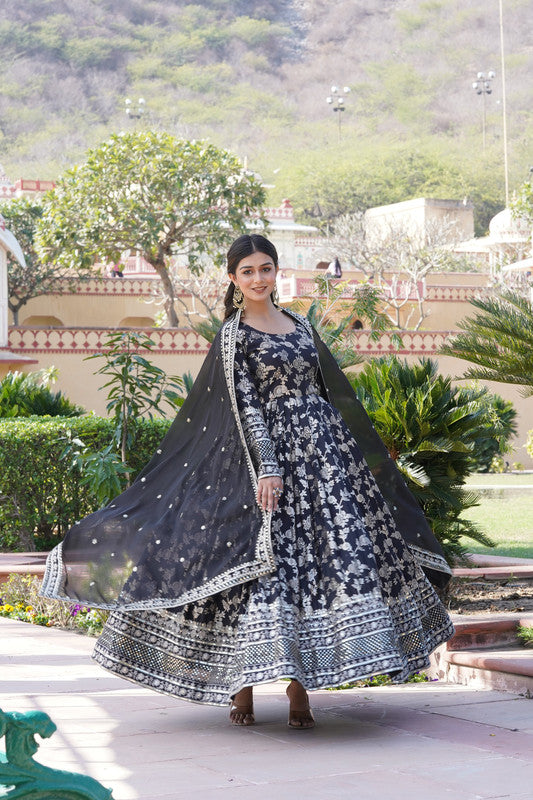Jyoti Fashion Women's Black Viscose Jacquard with Sequins Embroidered Anarkali Dress with Dupatta - Distacart