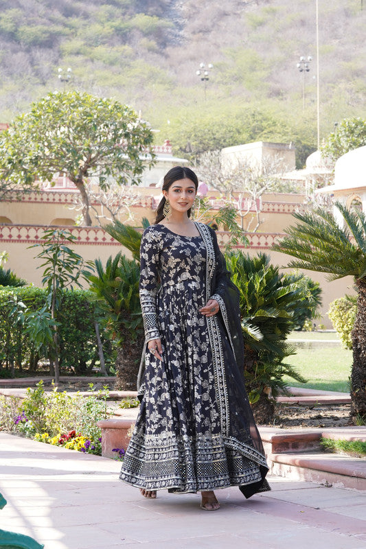 Jyoti Fashion Women's Black Viscose Jacquard with Sequins Embroidered Anarkali Dress with Dupatta - Distacart