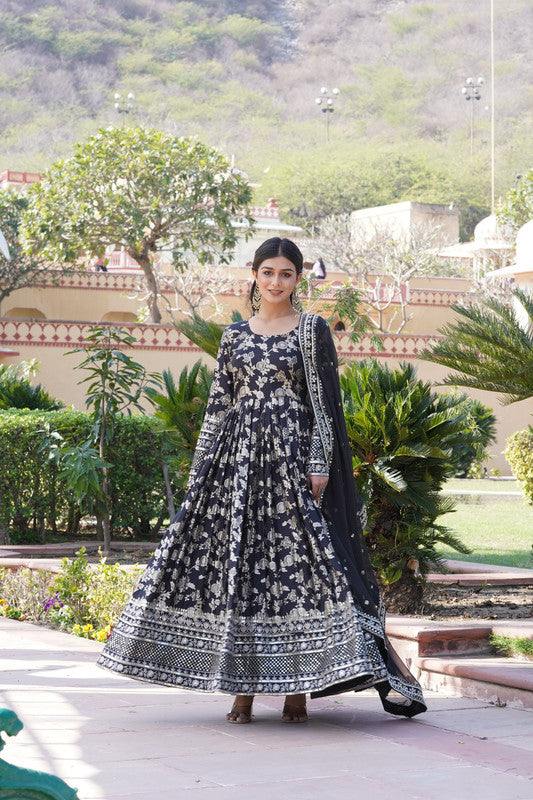 Jyoti Fashion Women's Black Viscose Jacquard with Sequins Embroidered Anarkali Dress with Dupatta - Distacart