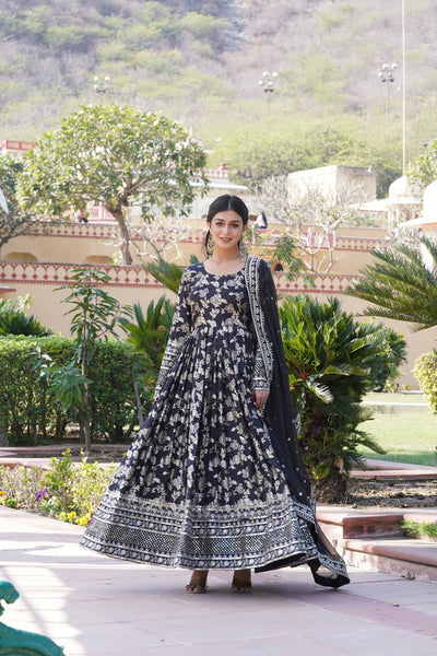 Jyoti Fashion Women's Black Viscose Jacquard with Sequins Embroidered Anarkali Dress with Dupatta - Distacart
